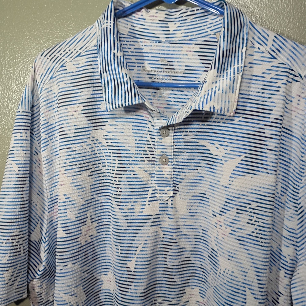 Tommy Bahama Polo, Men XXL Blue Striped Tropical Floral Performance Shirt